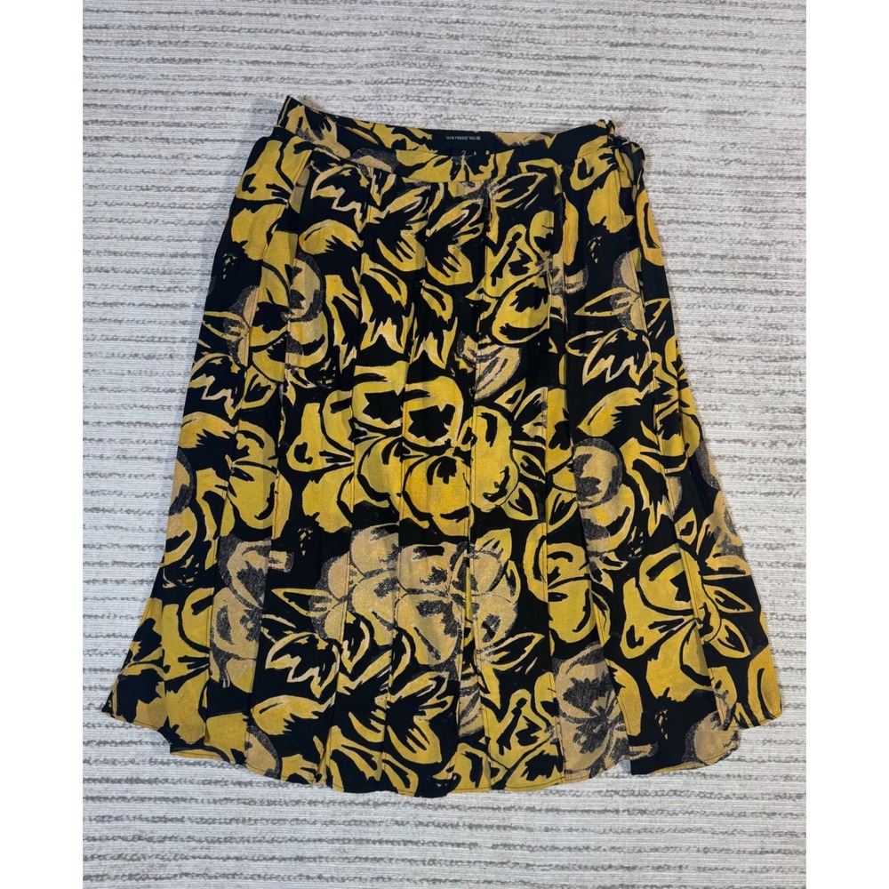 Who What Wear Yellow Black Floral Pleated Midi Skirt Size 2 Abstract Print